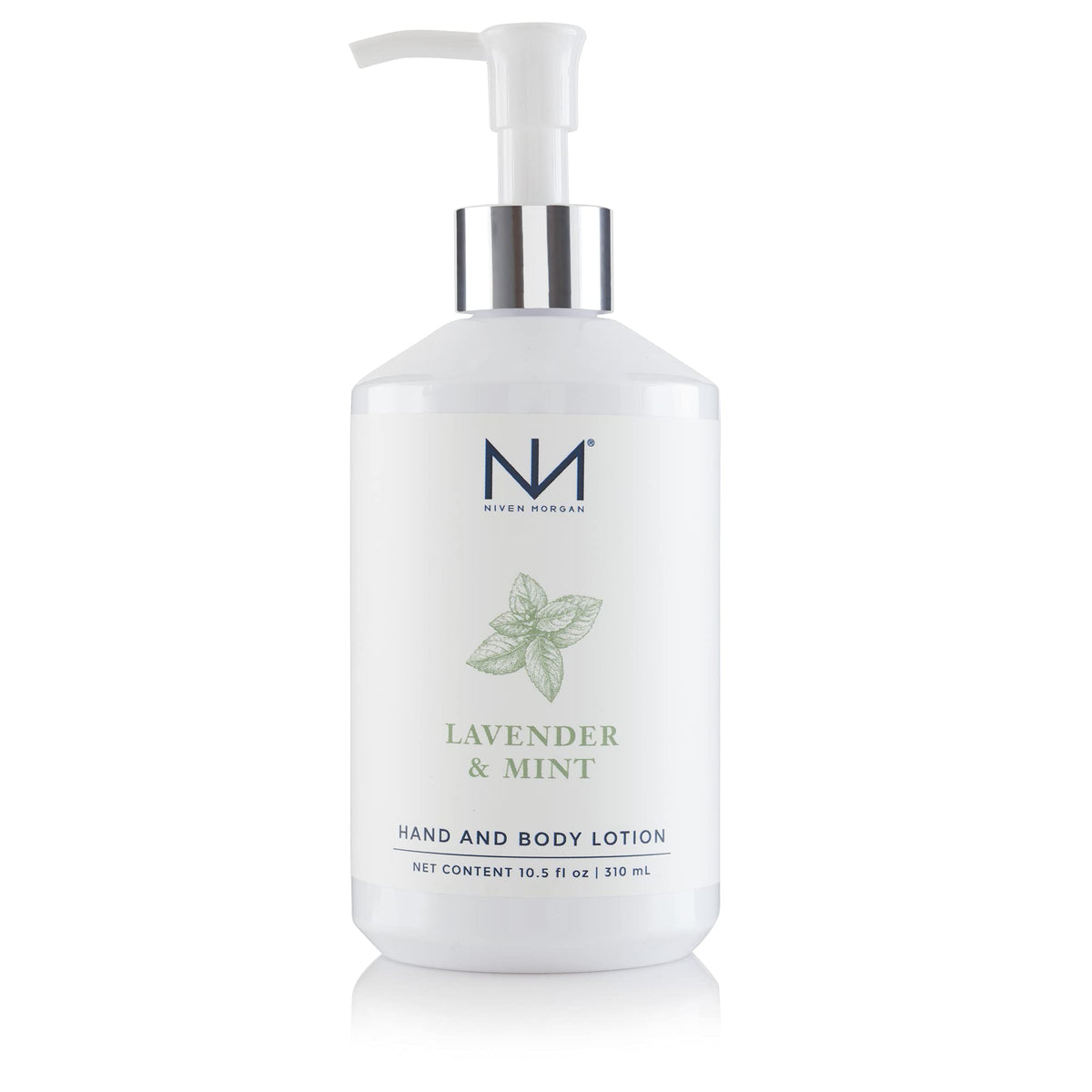 Niven Morgan Lavender & Mint lotion bottle provides soothing hydration and uplifting fragrance.