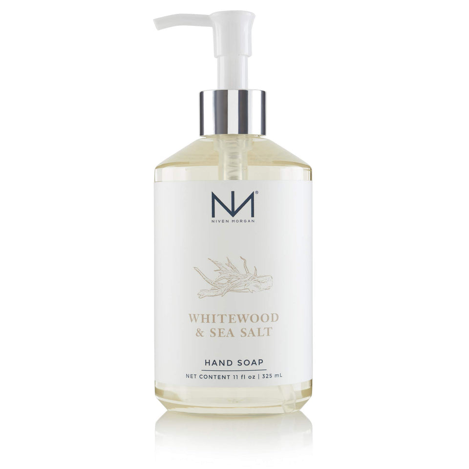 Niven Morgan Whitewood & Sea Salt hand soap bottle showing vitamin-enriched formula for gentle cleansing.