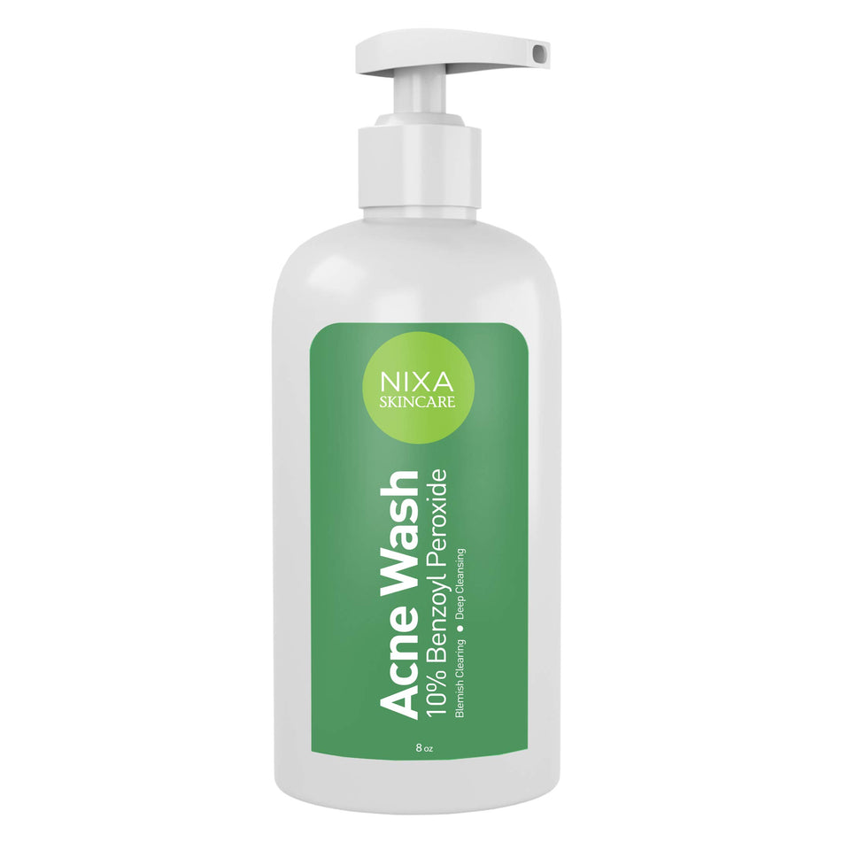 NIXA benzoyl peroxide wash bottle for pore cleansing and oil control on contact.