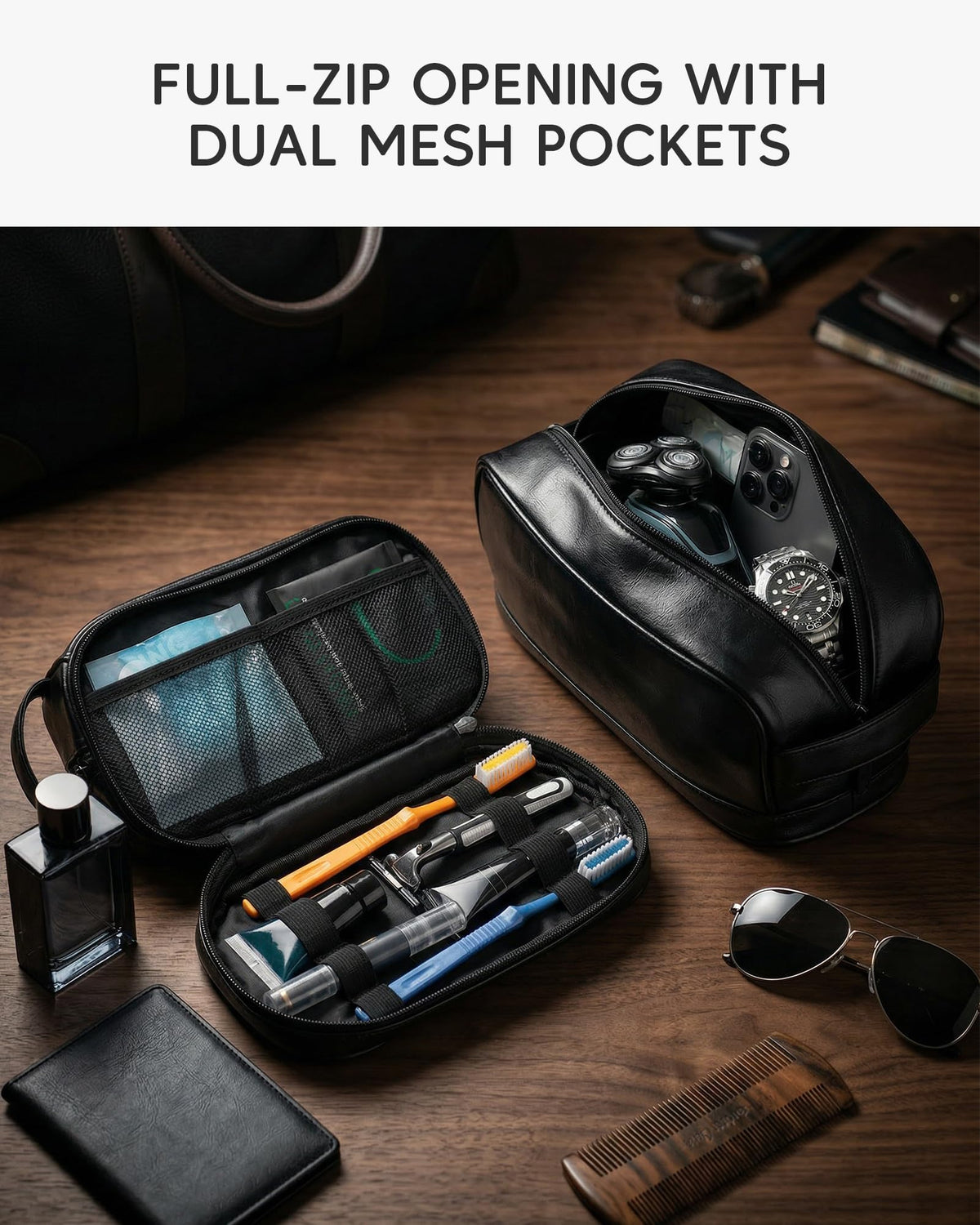 Nixjoro toiletry bag showing mesh pockets for organized grooming tools