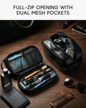 Nixjoro toiletry bag showing mesh pockets for organized grooming tools