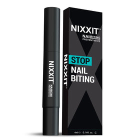NIXXIT Nail Biting Pen applying to nails to deter biting during stressful moments.