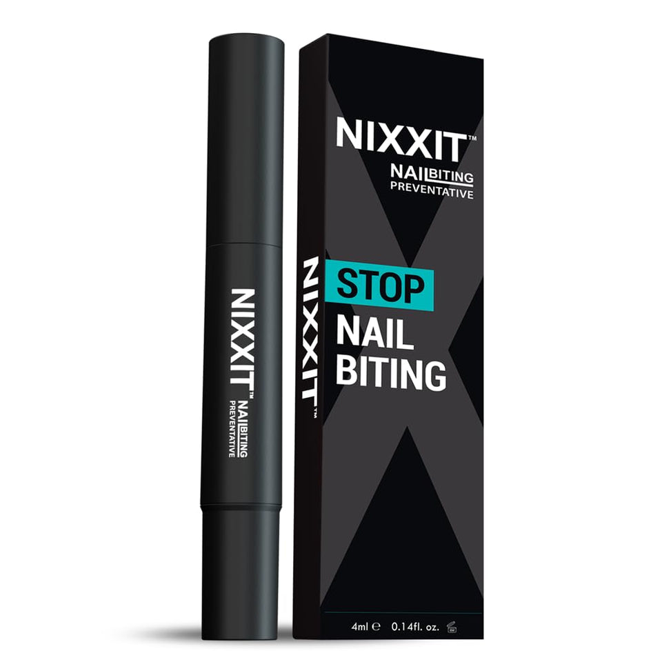 NIXXIT Nail Biting Pen applying to nails to deter biting during stressful moments.
