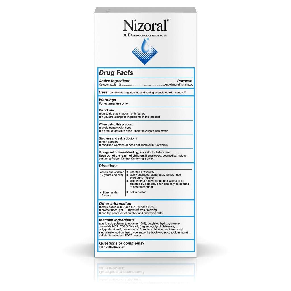 Closeup of blue label on Nizoral A-D bottle highlight