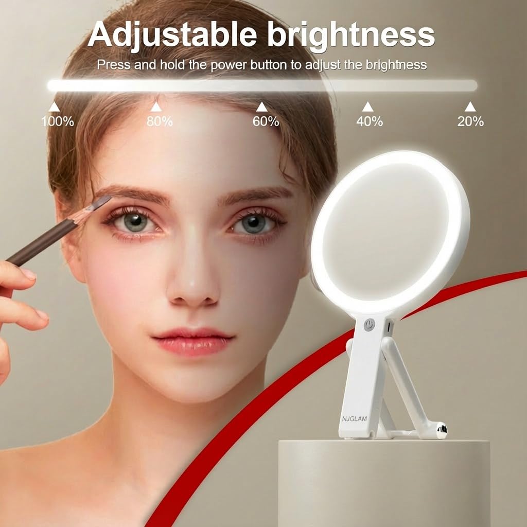 Adjustable brightness on the NJ GLAM mirror enhances visible details for flawless application.