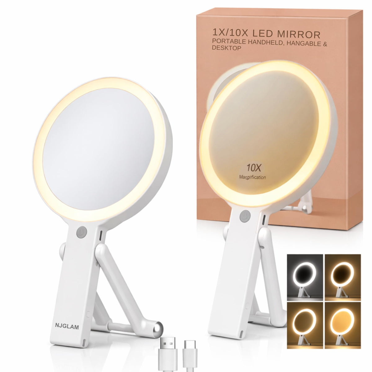 NJ GLAM dual-magnification mirror 1x/10x for precise makeup and grooming.