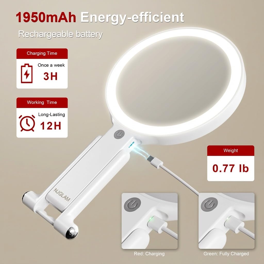 NJ GLAM mirror with three light modes for accurate color under any setting.