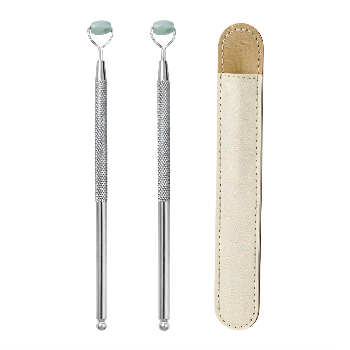 NKQ metal eyelid massage wand close-up highlights ergonomic, gentle lid care.
