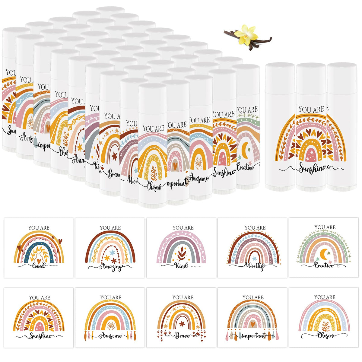 Nlicrst Bohemian Rainbow lip balm close-up showing vanilla flavor for daily moisture
