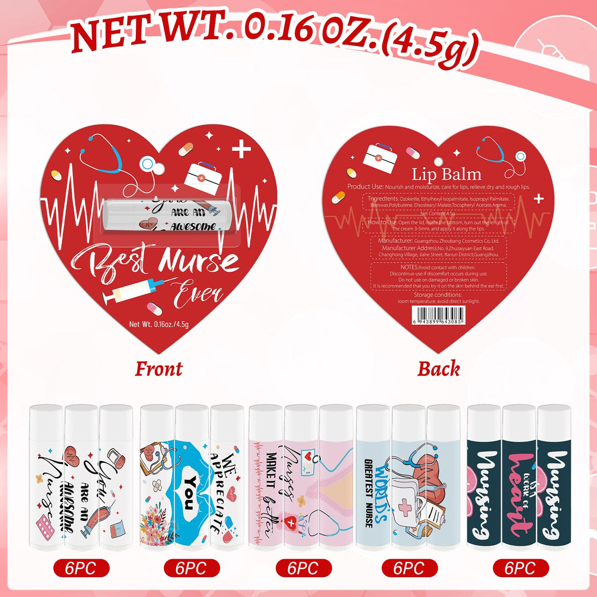 Nlicrst nurses-theme lip balm collection arranged for party table decor.
