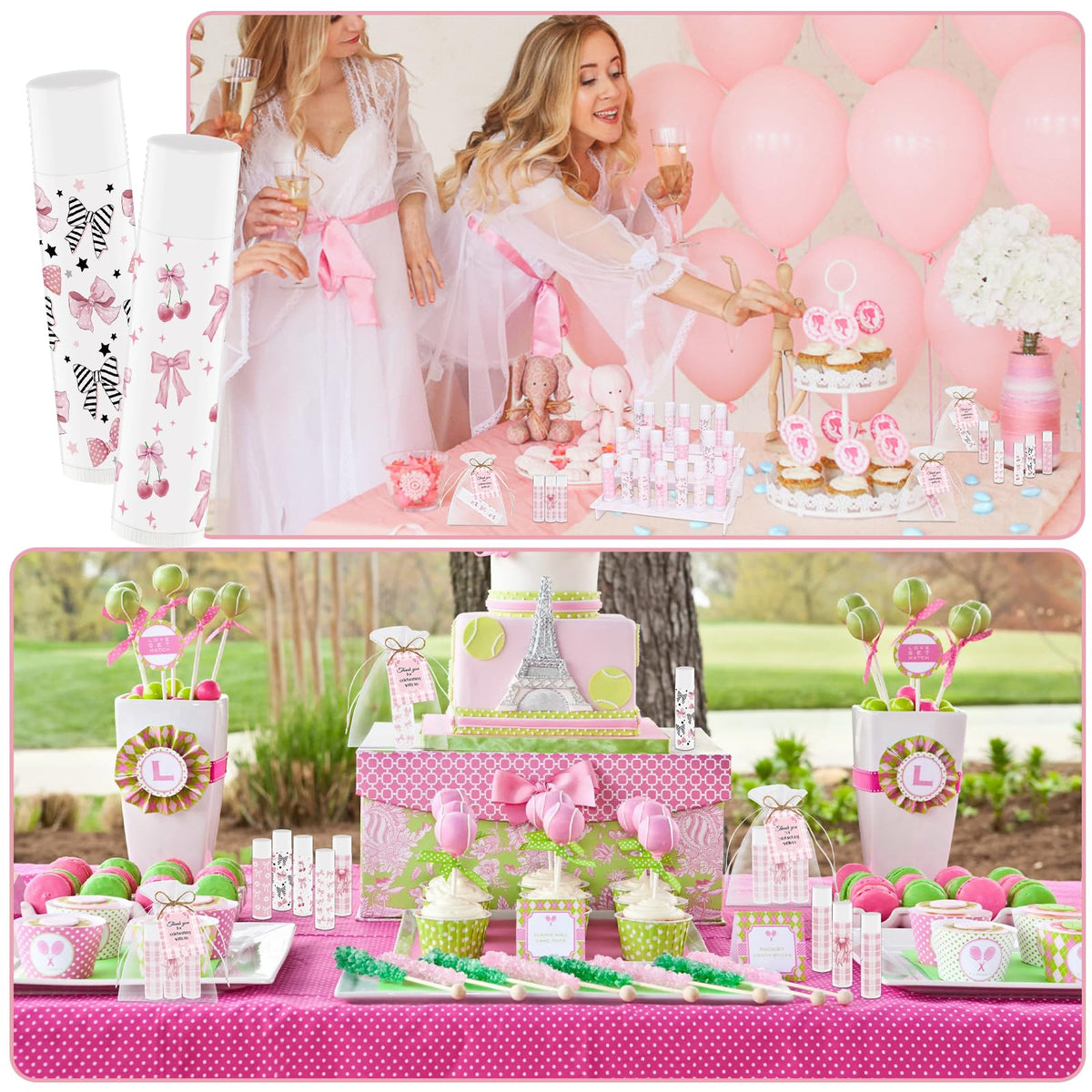 Nlicrst party-favor display with pink bow lip balms