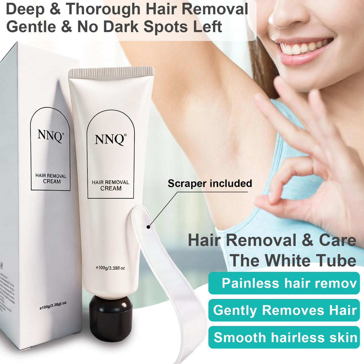 NNQ depilatory cream being applied on leg for smooth skin.