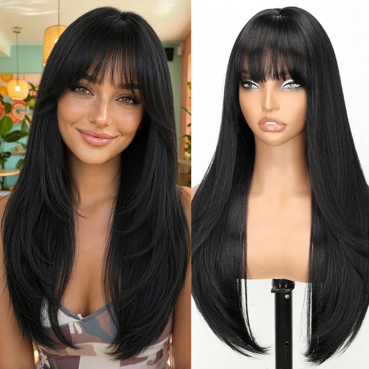 Nnzes Black 26-inch wig with bangs showing natural layered wave for a lifelike look