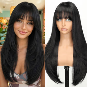 Nnzes Black 26-inch wig with bangs showing natural layered wave for a lifelike look