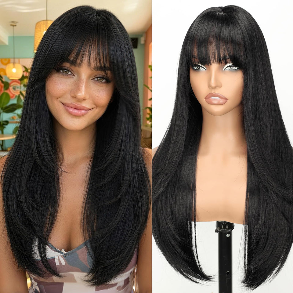 Nnzes Black 26-inch wig with bangs showing natural layered wave for a lifelike look