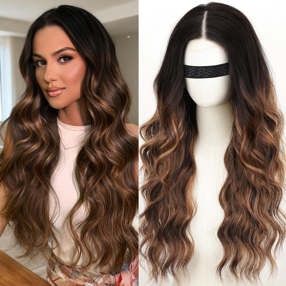 Nnzes long brown highlight wavy wig 26in for daily wear with natural movement