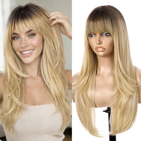 Nnzes ombre blonde 26-inch wig with bangs shows a natural scalp look.
