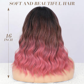 Nnzes pink wig with bangs back view reveals full, glamorous curls.