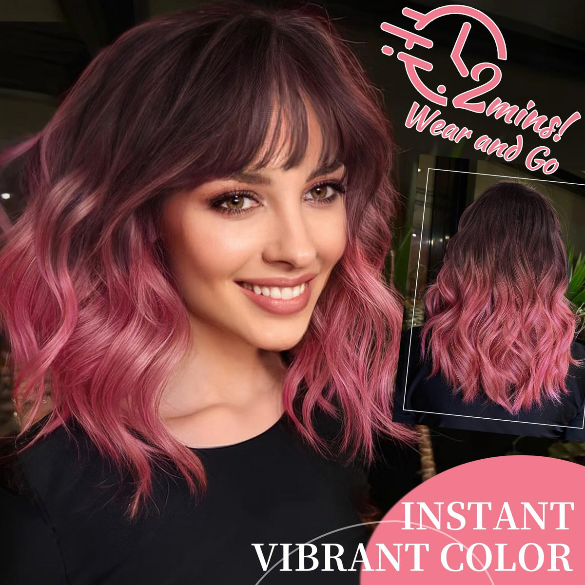Nnzes pink wig with bangs cap detail with adjustable strap for secure fit.