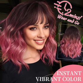 Nnzes pink wig with bangs cap detail with adjustable strap for secure fit.
