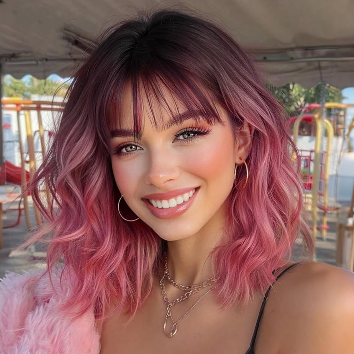 Nnzes pink wig with bangs front view shows natural shoulder-length curls for daily wear.