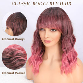 Nnzes pink wig with bangs side view highlights soft waves and a comfortable cap.