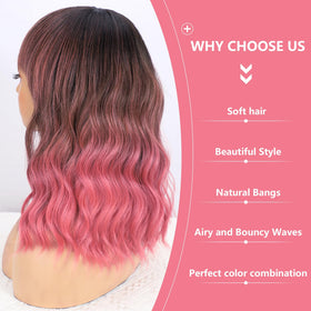 Nnzes pink wig with bangs texture closeup shows heat-resistant fibers.