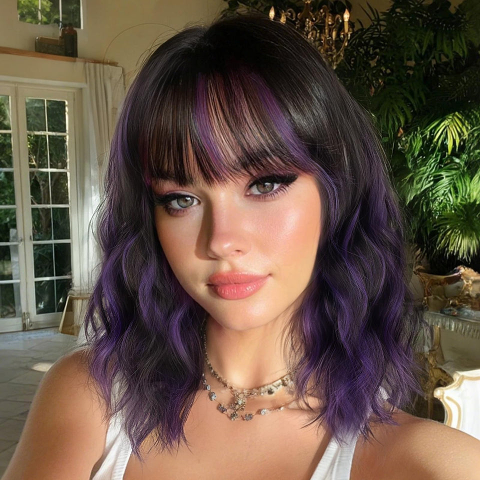 Nnzes short wavy bob wig with bangs in dark brown purple for daily wear.