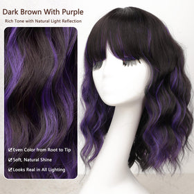 Nnzes wig closeup shows dark brown purple hues and textured strands.