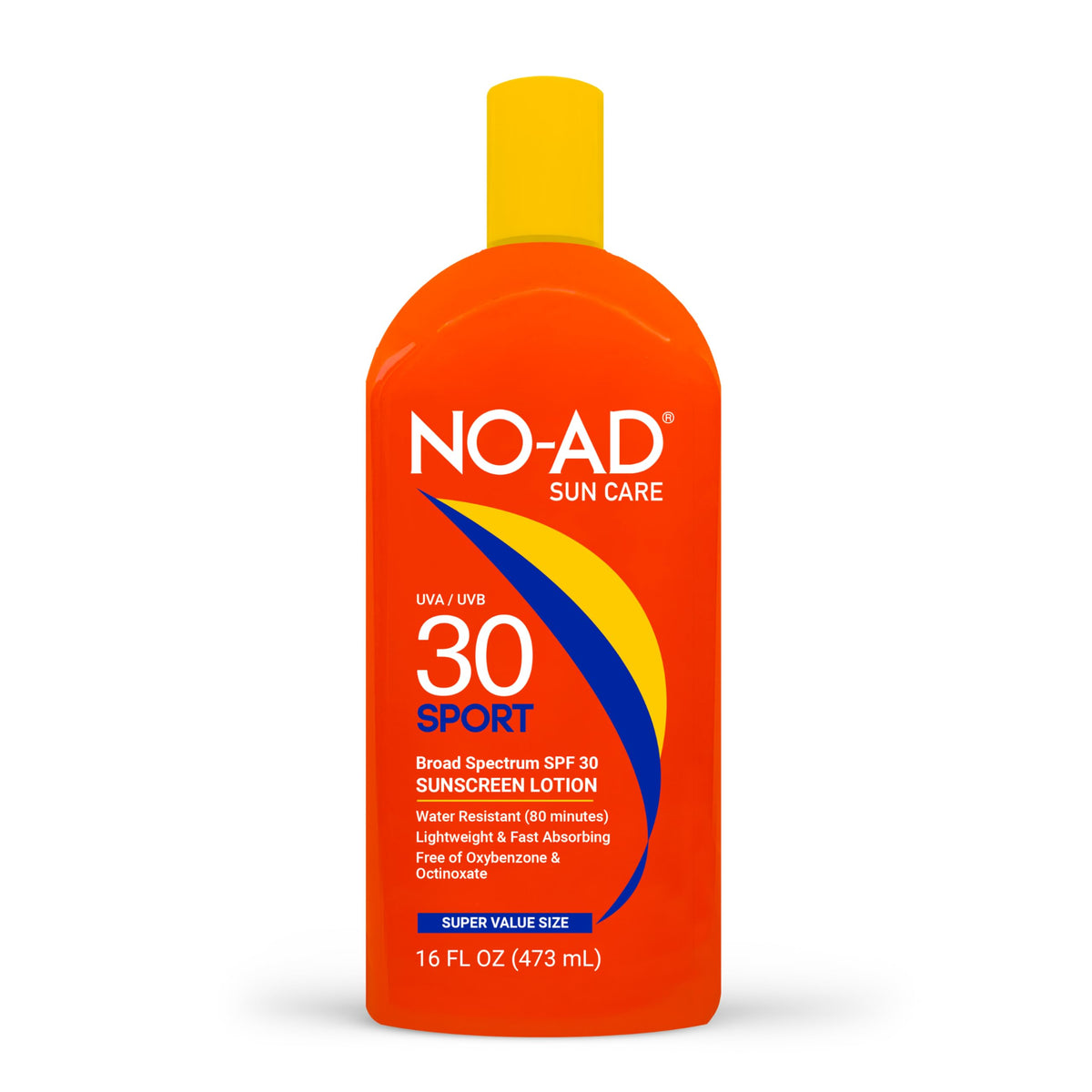 NO-AD SPF 30 SPORT sunscreen bottle, ready for outdoor use with water- and sweat-resistance.