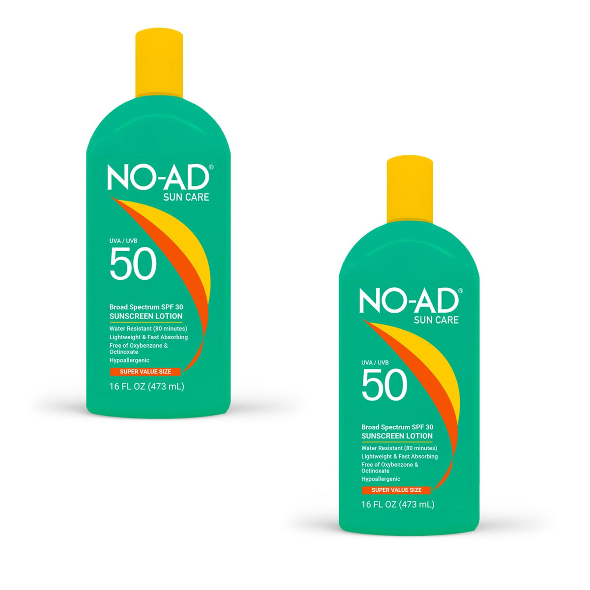 NO-AD sunscreen lotion two 16oz bottles front view for family sun protection.