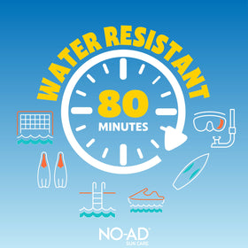 NO-AD sunscreen lotion water resistance illustration for pool or beach days.