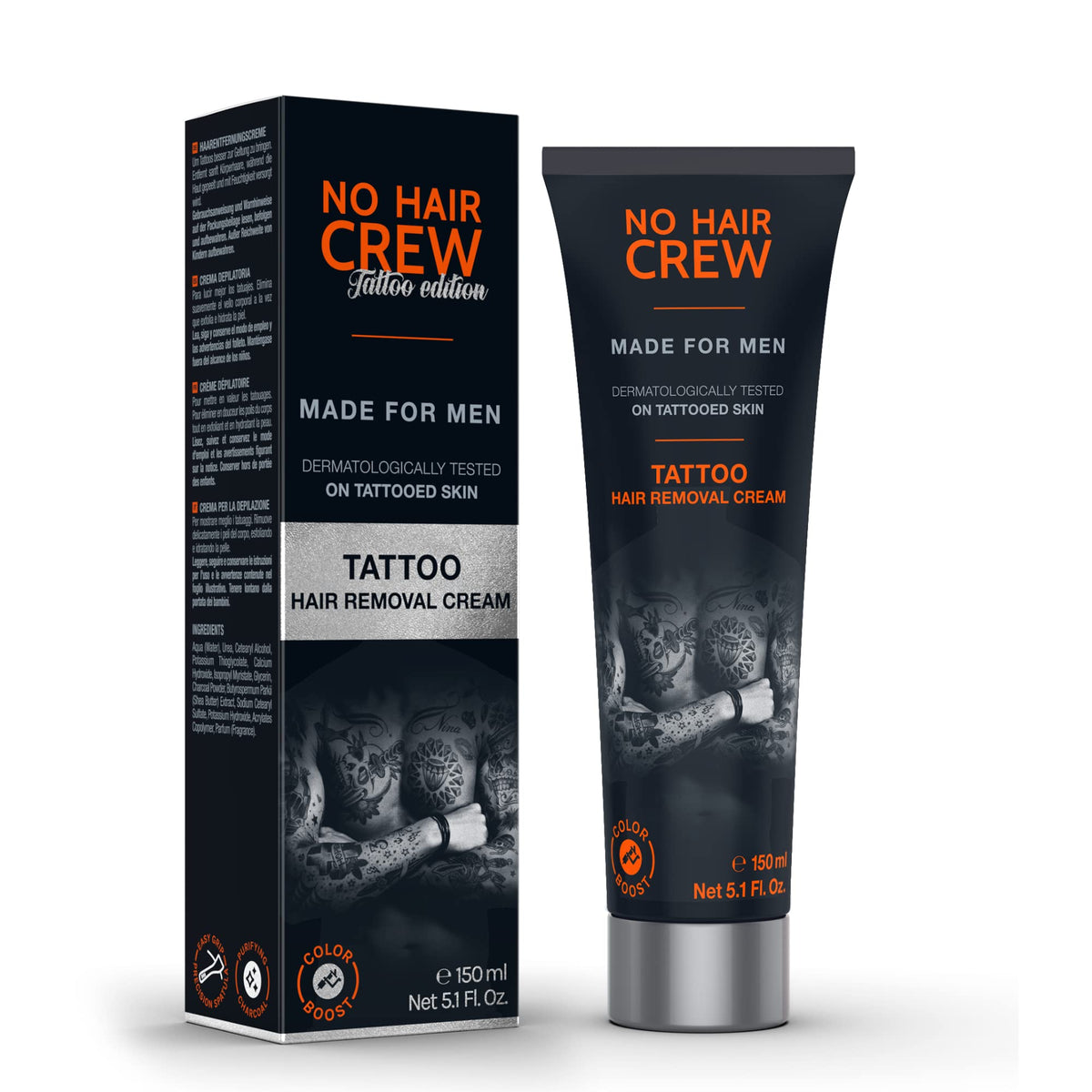 NO HAIR CREW Tattoo Edition bottle with charcoal formula boosts tattoo color