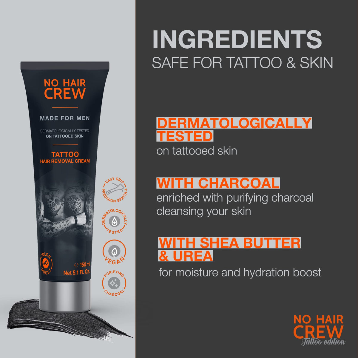 NO HAIR CREW Tattoo Edition close-up showing tattoo colors enhanced by charcoal