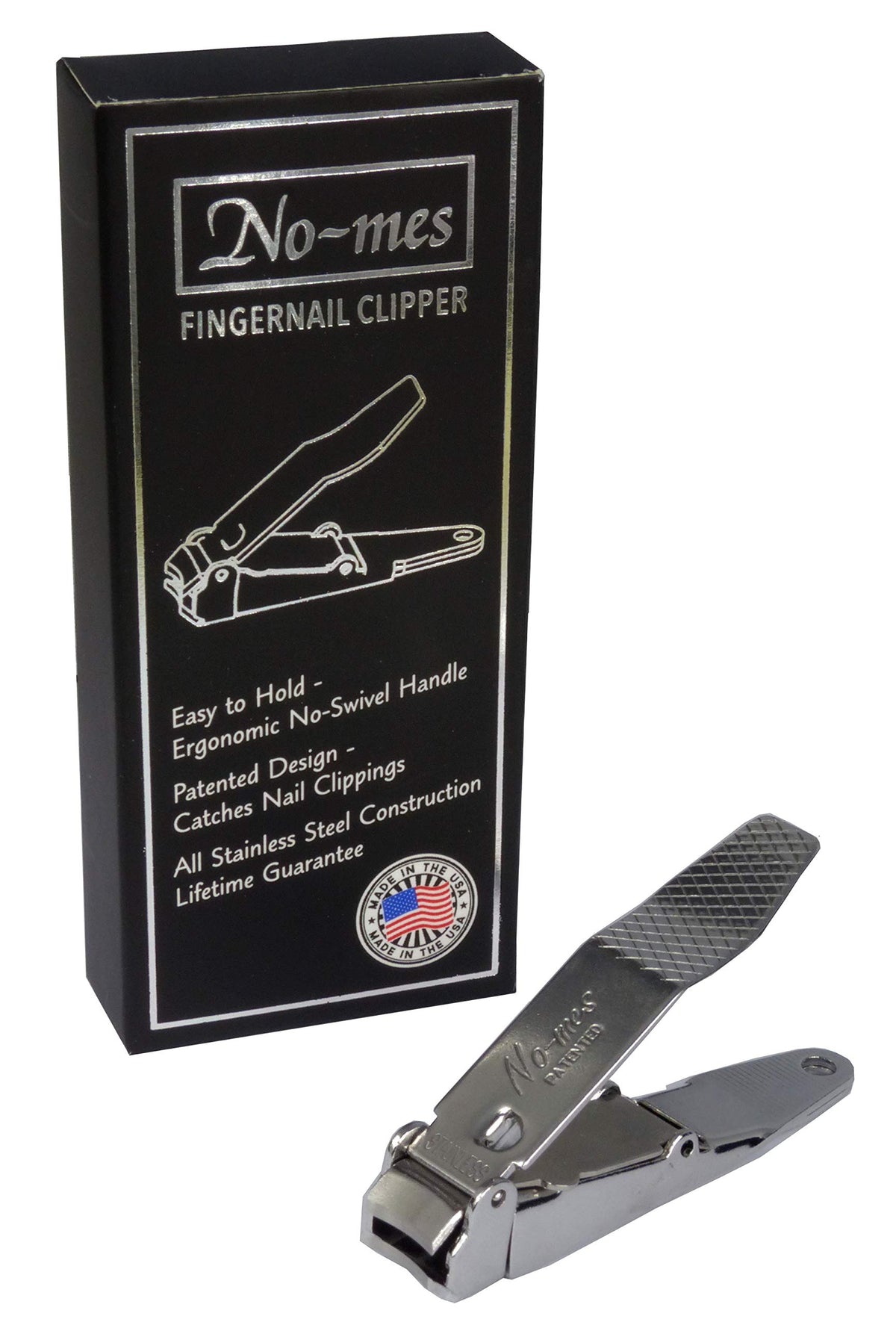 No-mes Fingernail Clipper highlighting ergonomic non-swivel grip