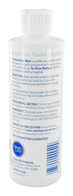 No-Rinse Clean Life Body Bath packaging box shown for travel-friendly care