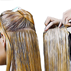 No-sew design highlights quick transformation from tape-ins to clip-ins.