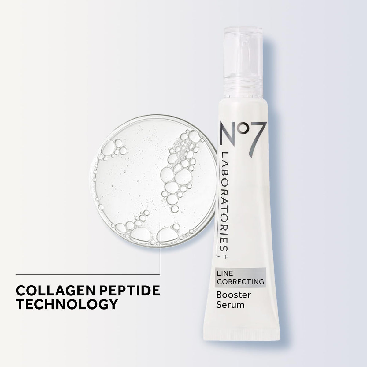 Front-label view of No7 Laboratories Line Correcting Booster Serum with travel-friendly 25 ml size