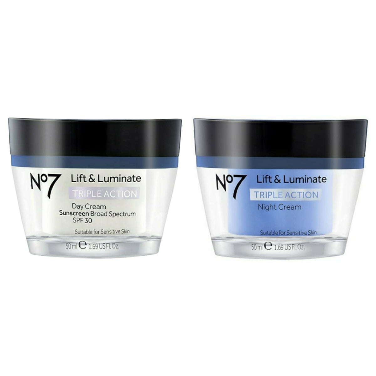 No7 Lift and Luminate day cream jar with SPF 30 protection for daytime care