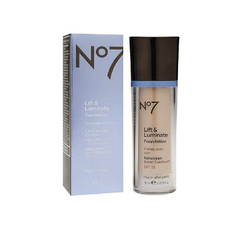 No7 Lift & Luminate Foundation Warm Beige bottle delivers radiant, even coverage for warm undertones.