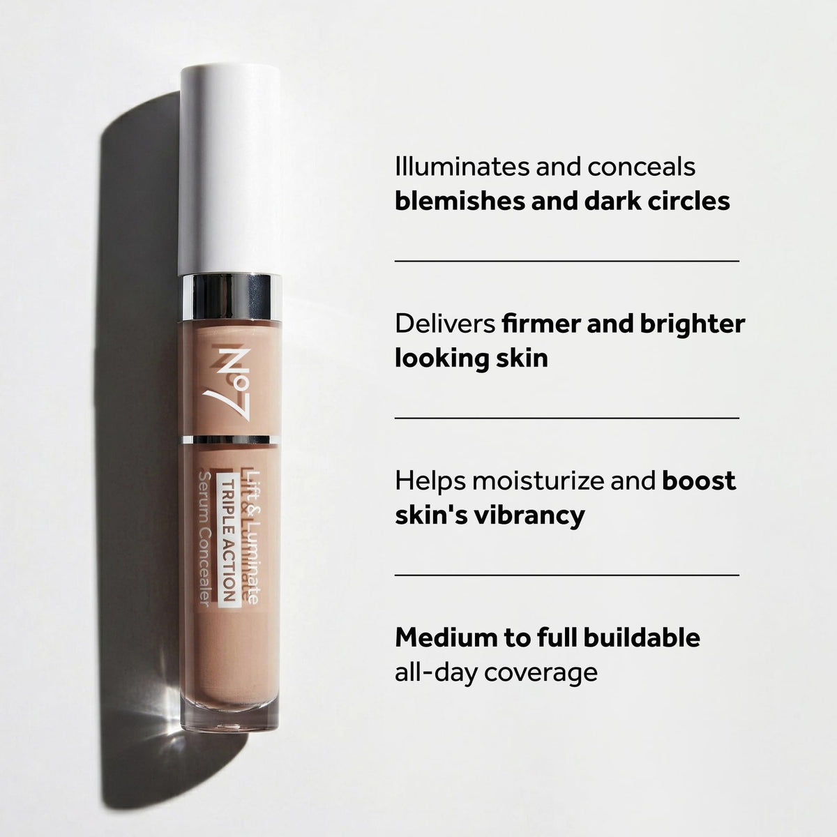No7 Lift & Luminate under-eye application shows brightening and seamless blend.