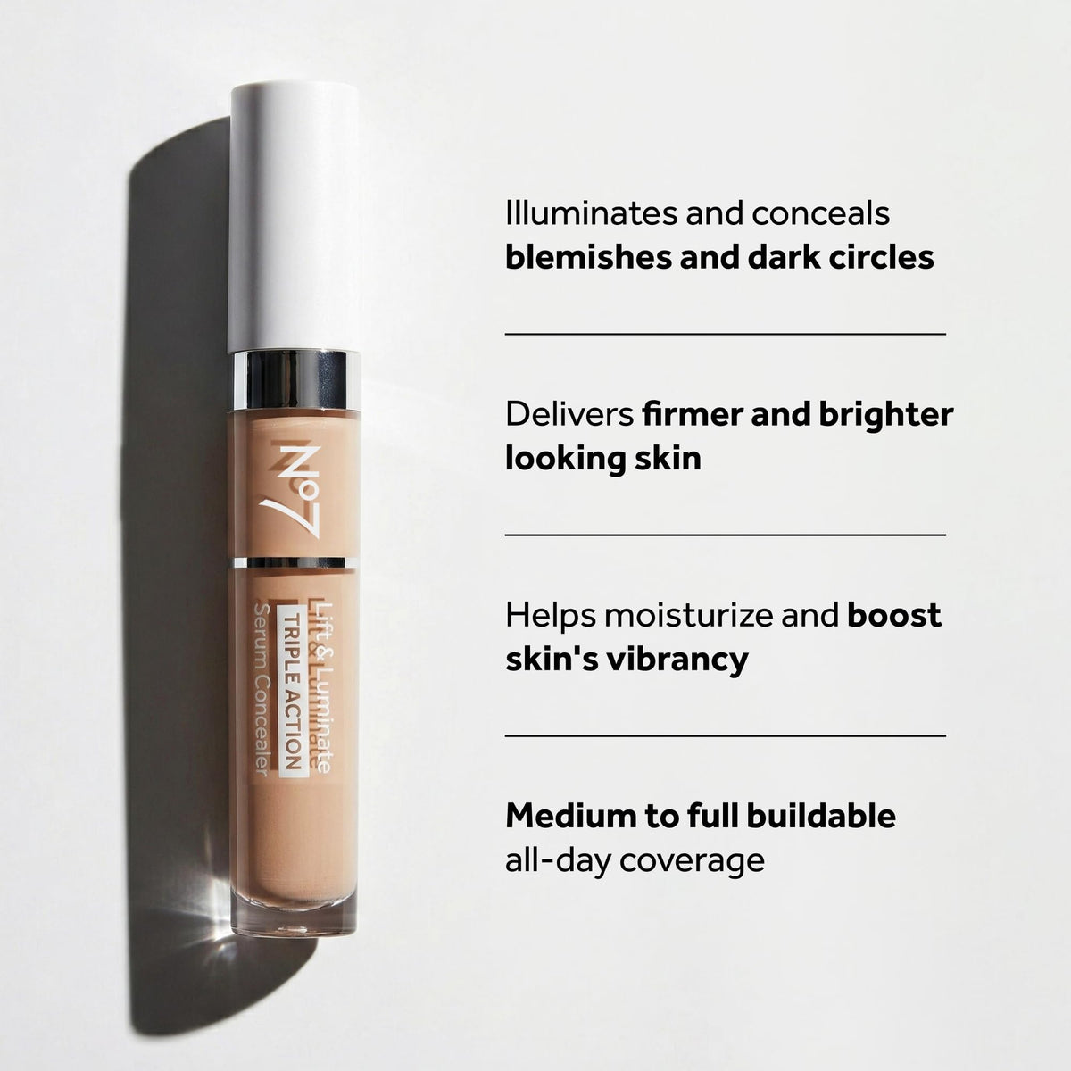 No7 Lift & Luminate concealer covering blemishes with radiant finish