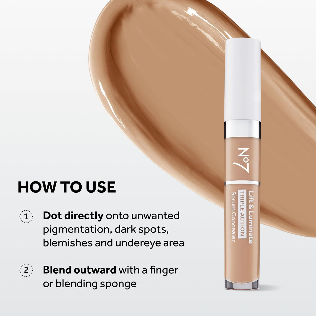No7 Lift & Luminate concealer swatches show shade range for varied skin tones