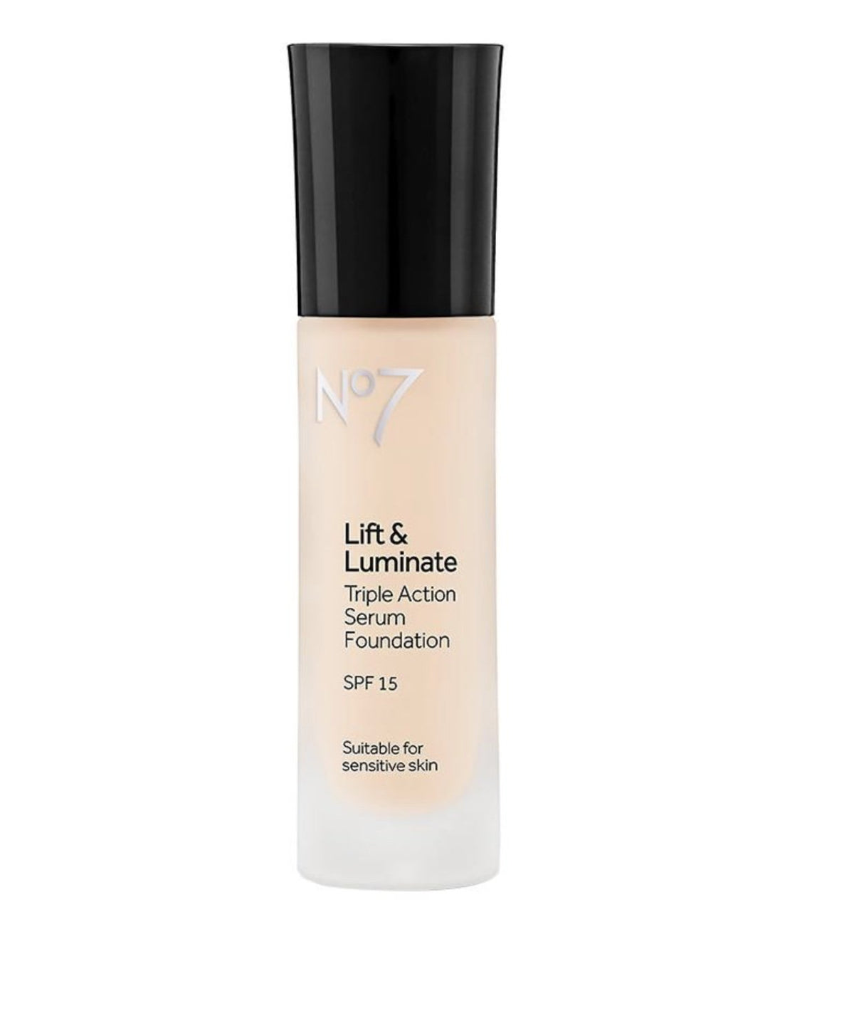 No7 Lift & Luminate calico bottle shows brightening, smooth coverage.