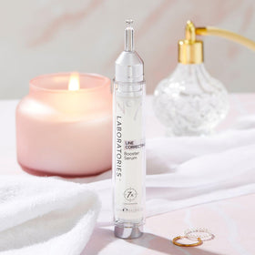 No7 Line Correcting Booster Serum box and bottle on bathroom counter for daily routine
