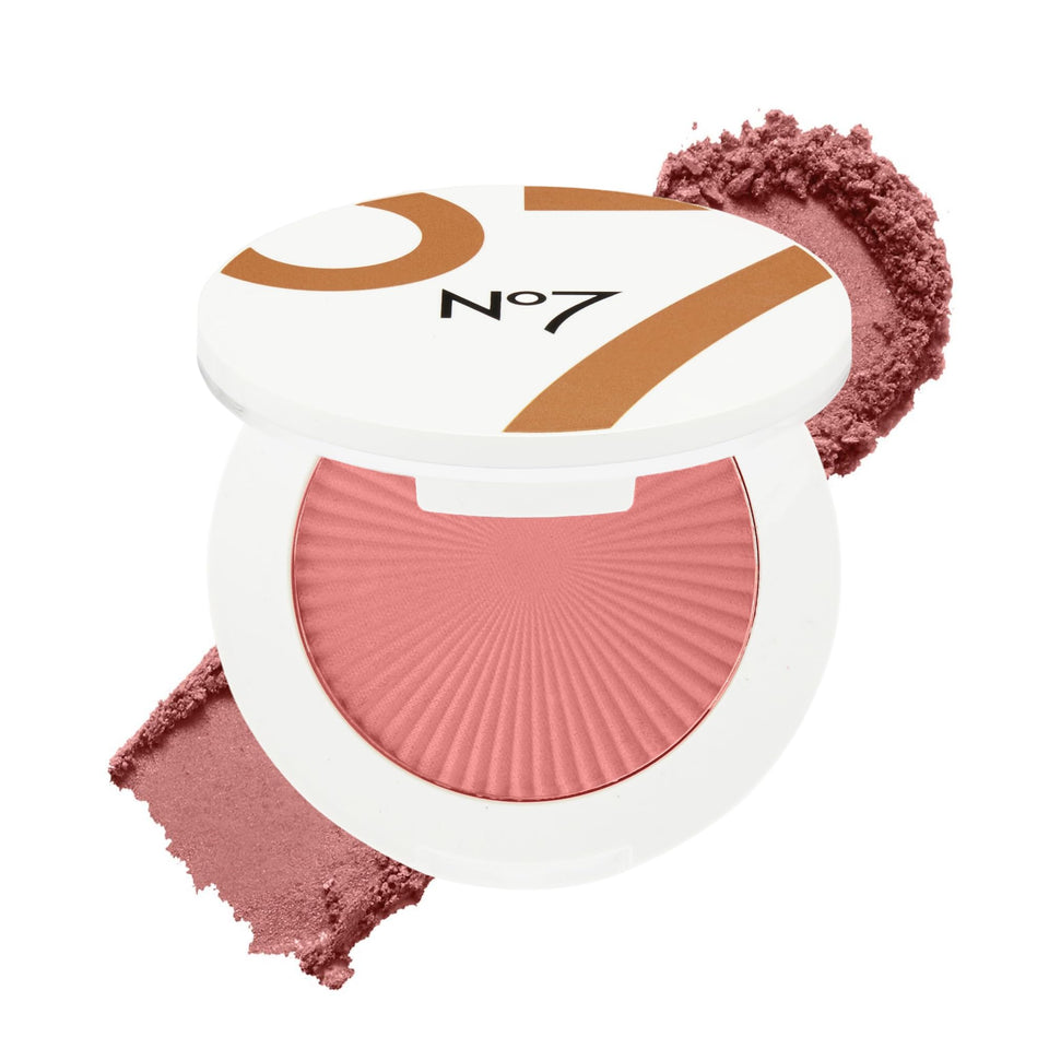 No7 Matte Powder Blush Pomegranate packaging highlights easy application