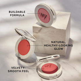 No7 Matte Powder Blush Pomegranate swirl on cheek for gentle color boost