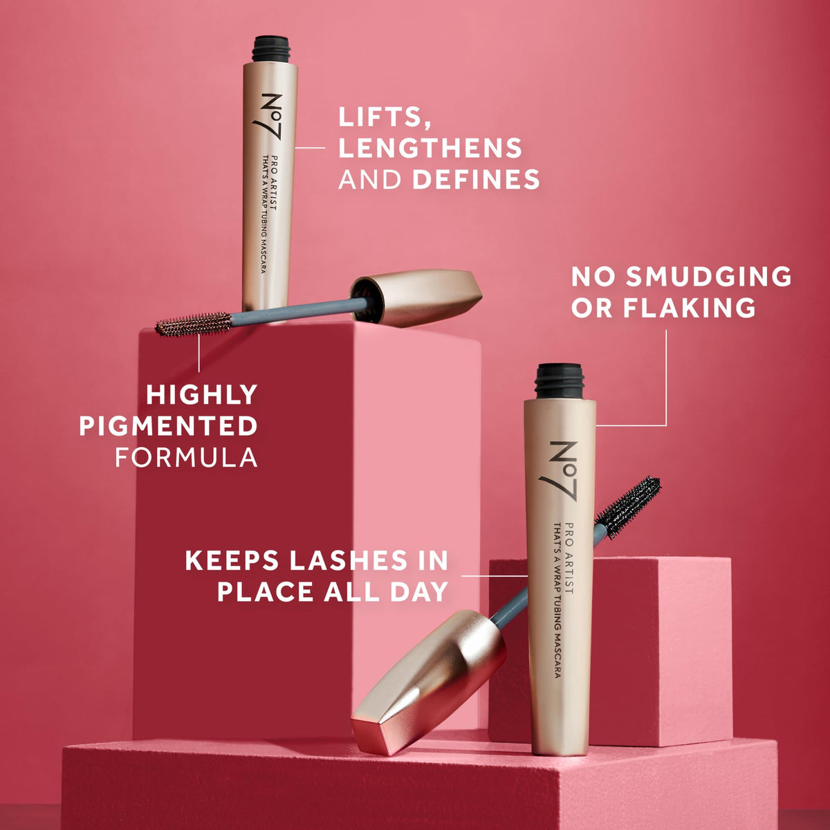 No7 Pro Artist tubing mascara on lashes shows day-long wear potential.