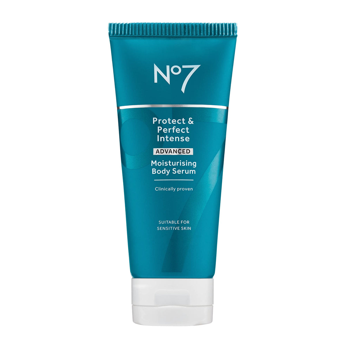 No7 Protect & Perfect Intense Advanced Body Serum bottle demonstrates hydrating anti-aging care.