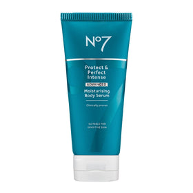 No7 Protect & Perfect Intense Advanced Body Serum bottle demonstrates hydrating anti-aging care.